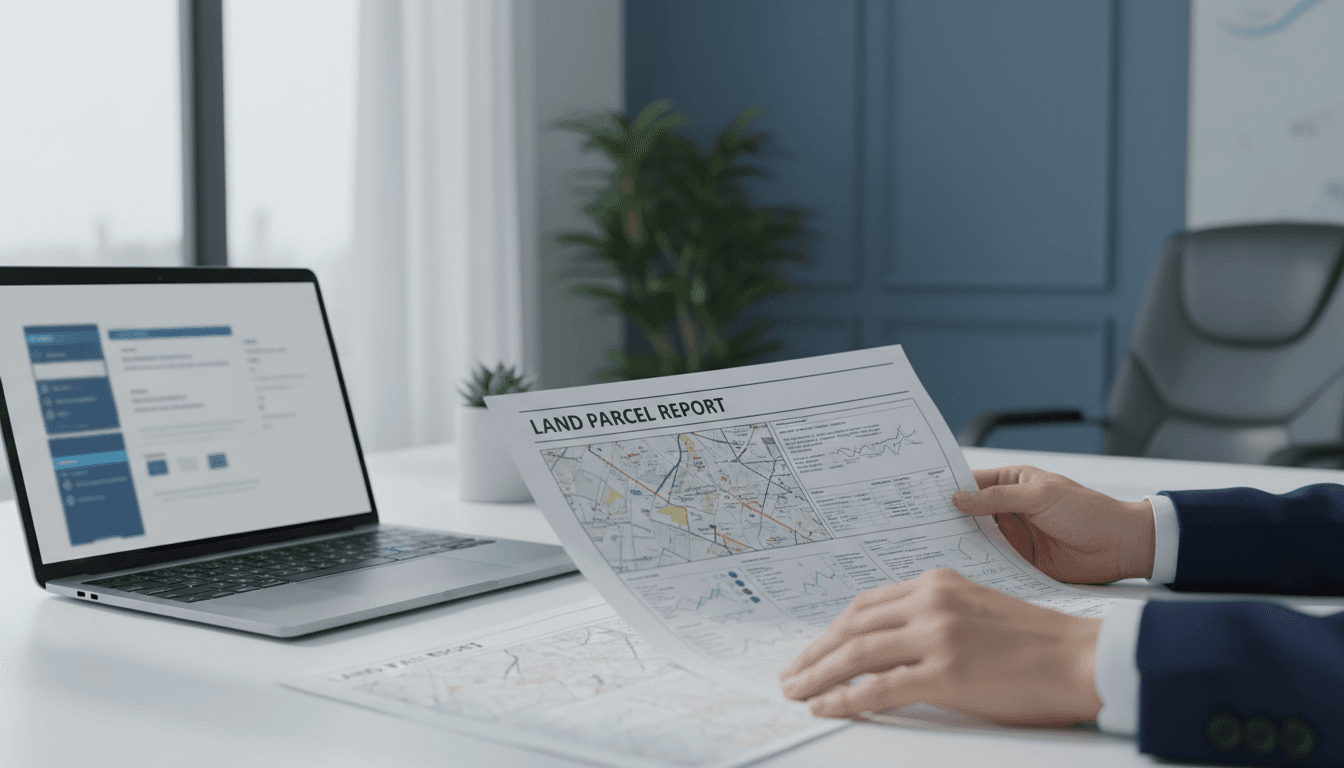 Land professional reviewing documents beside a laptop in a bright office